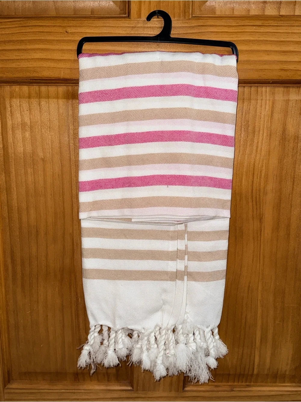 NWT Striped Turkish Towel in Cream, Tan & Pink with Tassels-40”x60”